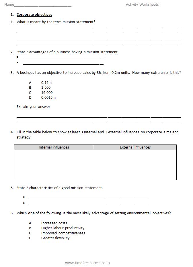 Pearson Edexcel International GCSE Business Activity Worksheets